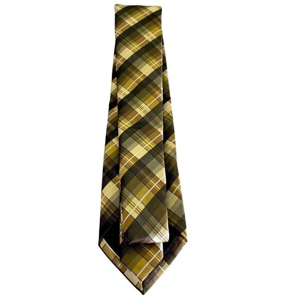 Platinum Designs tan brown white plaid 100 % polyester length 29 inches - Picture 2 of 6